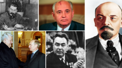 Někteří ze sovětských a ruských vůdců. Josif Stalin, Michail Gorbačov, Vladimir Lenin, Boris Jelcin, Vladimir Putin a Leonid Brežněv