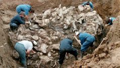 Forenzní specialisté z investigativního týmu Mezinárodního trestního tribunálu pro bývalou Jugoslávii zkoumají jeden z odkrytých masových hrobů v Bosně a Hercegovině. Mnoho z těl našli se svázaný rukama za zády a páskou přes oči