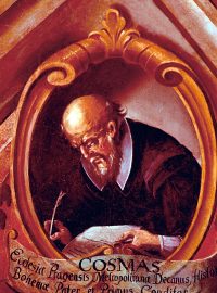 Český kronikář a děkan pražské kapituly Kosmas (cca 1045-1125) – obraz na stěně v Mladotově domě na Pražském hradě od J.Vodňanského