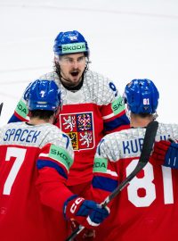 Hokejisté národního týmu se radují z gólu do rakouské branky